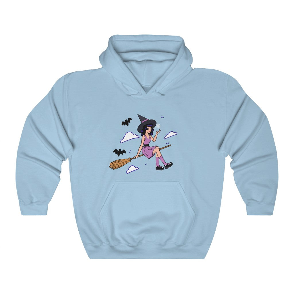 Witch In Broom Hoodie - Light Blue / M