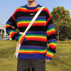 Rainbow Striped Aesthetic Sweater - black / 2XL