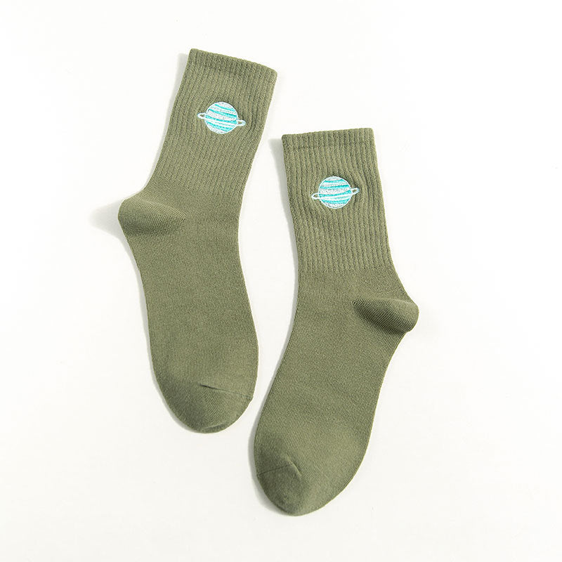 Full Moon and Saturn Socks - Green / One Size