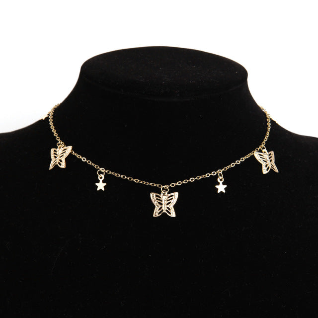 Aesthetic Metallic Butterflies Necklaces - and Stars Gold -