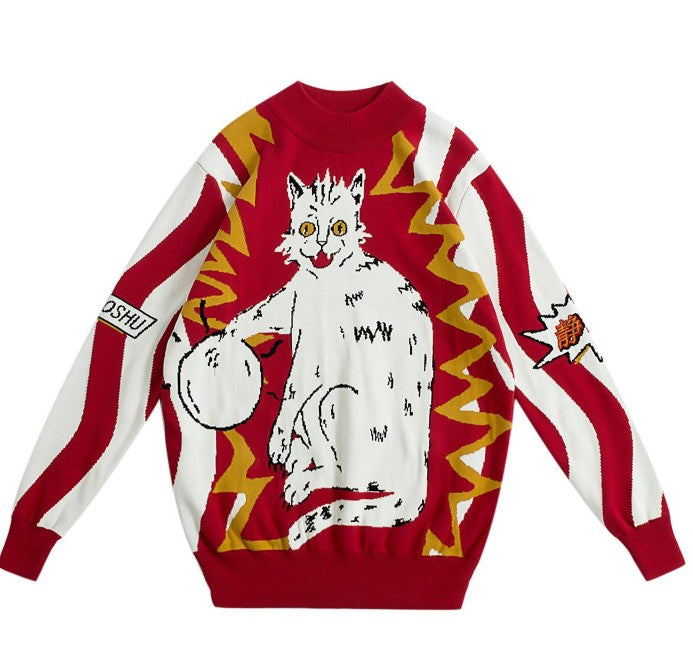 Electric Cat Knitted Oversize Sweater - Red / One Size