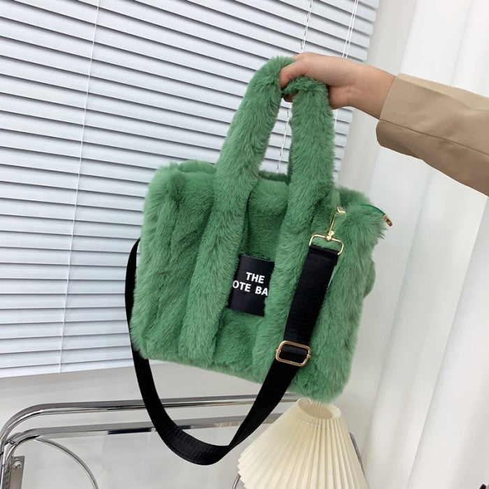 Cute Furry Faux Fur Tote and Shoulder Bag - Green / One Size