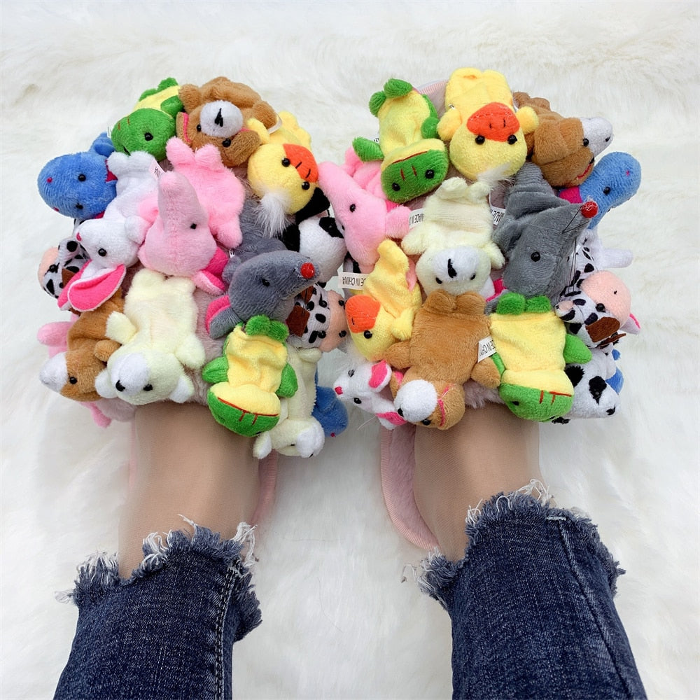 Cotton Furry Flip Flops Cute Teddy Bear Slippers - White /