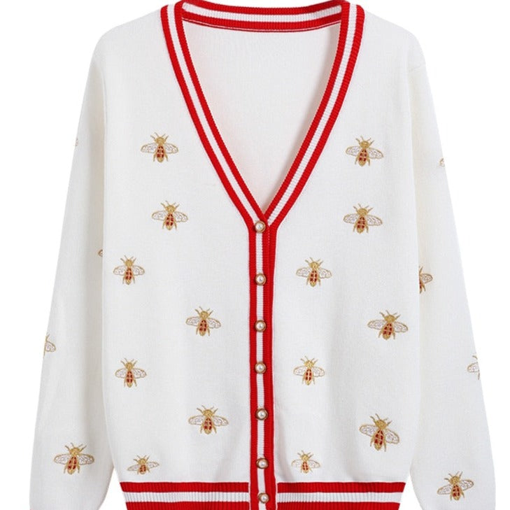 Bee Embroidery Contrast Color Button Knitted Cardigan -