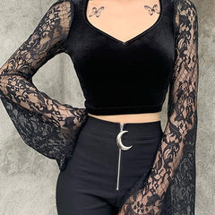 Bodycon Black Velvet And Lace V Neck Crop Top - S