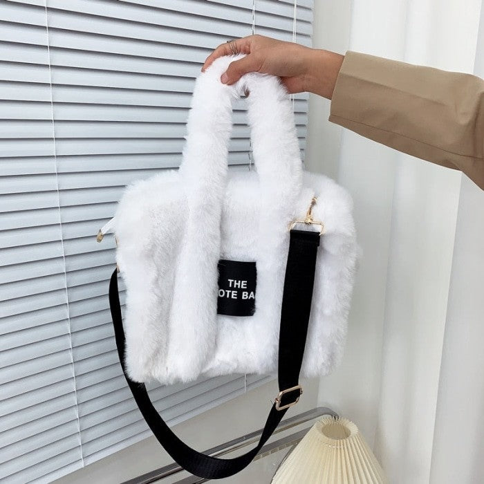 Cute Furry Faux Fur Tote and Shoulder Bag - White / One Size