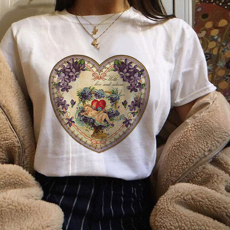 Vintage Cherubs Floral Heart T-shirt - T-Shirt