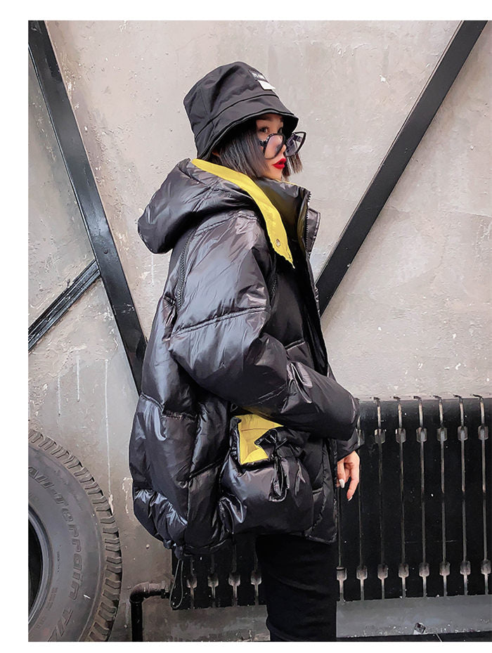 Black and Yellow Padded Loose Detachable Sleeves Hooded Coat