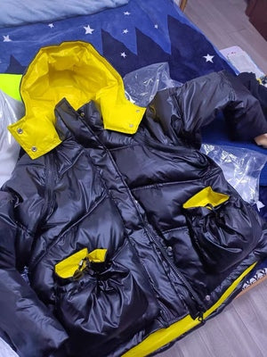 Black and Yellow Padded Loose Detachable Sleeves Hooded Coat