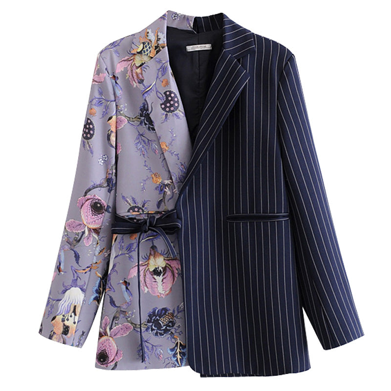 Floral Long Sleeve Blazer With Pockets - Blue/Flowers / S