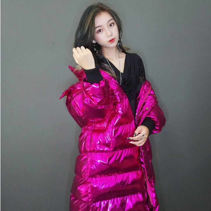 Pink Hologram Winter Hooded Padded Long Coat