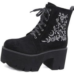Fashion Flower Suede Leather Platform Chunky Punk Boots -
