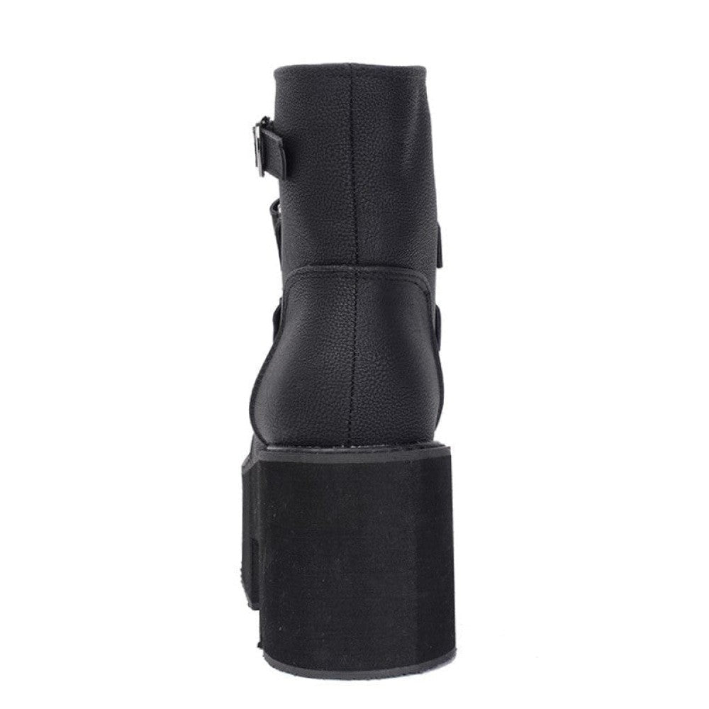 Rubber Sole Buckle Black Leather PU Ankle Boots - boots