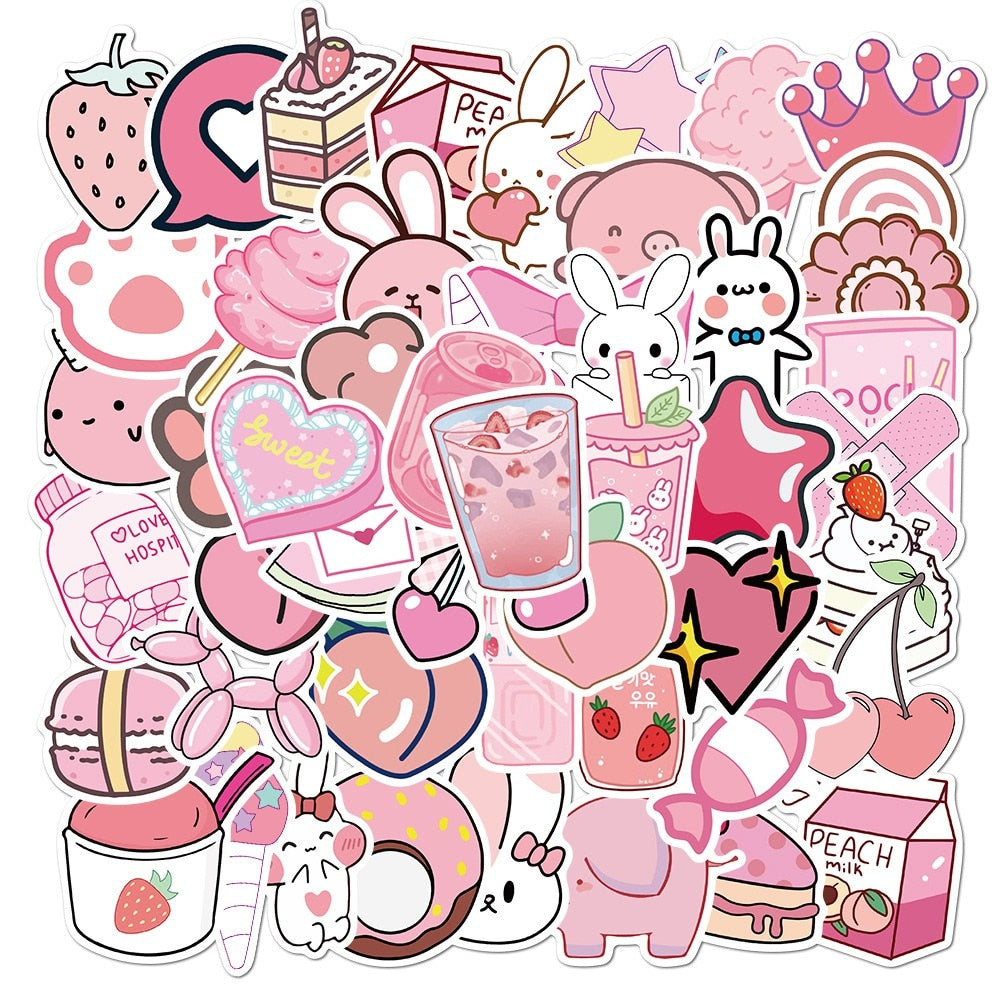 Pink Girl Cartoon Waterproof Stickers - 50pcs