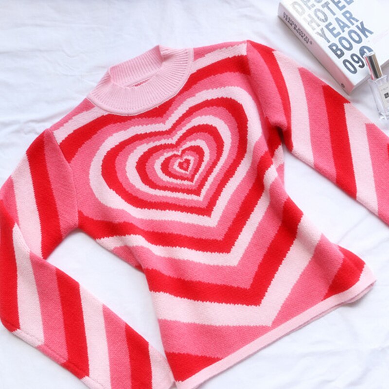 Striped Heart Pink Knitted Sweater