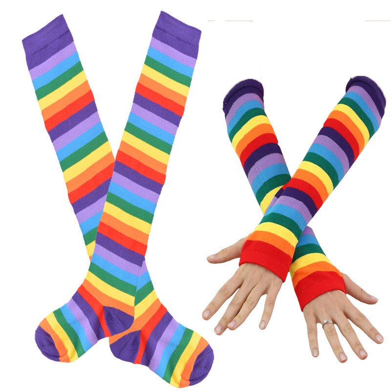 Colorful Rainbow Knee Socks & Arm Warmer Gloves - Purple /