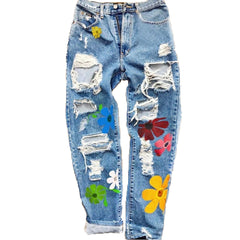 Distressed With Printed Flowers Pants