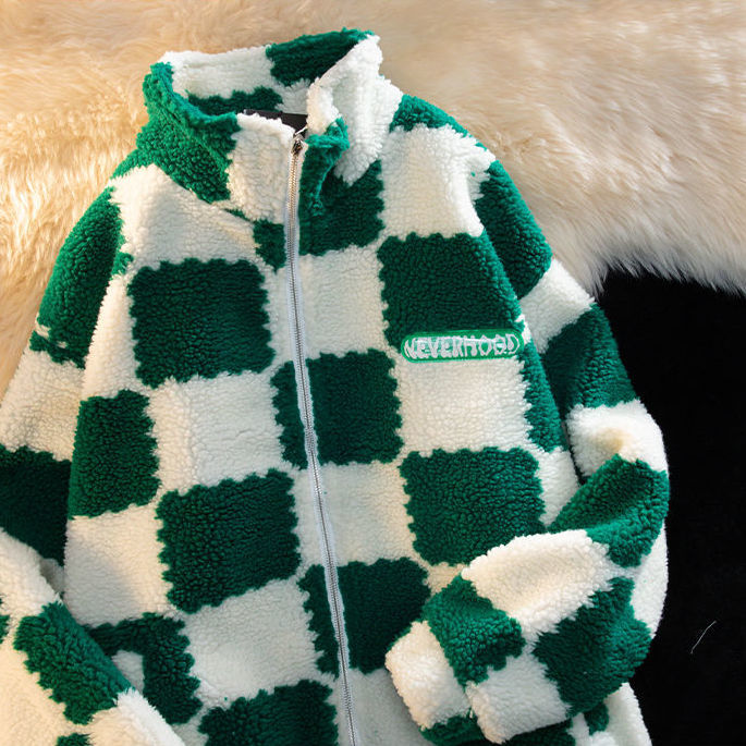 Velvet Checkerboard Stitching Zipper Jacket - Green / M