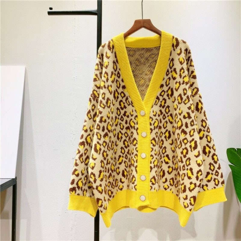 Leopard Contrast Color V-neck Knitted Oversize Sweater