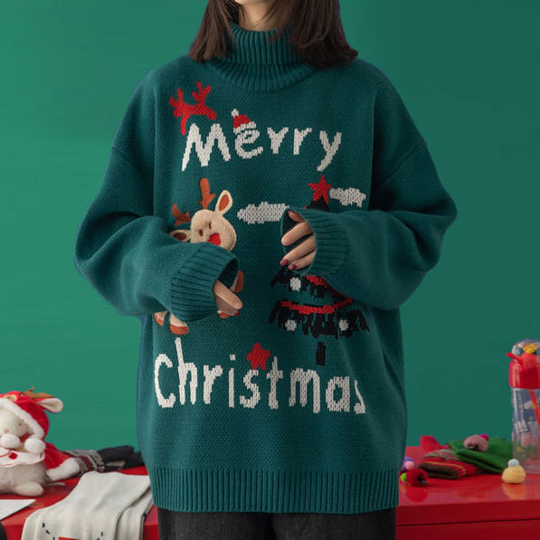 Merry Christmas Turtleneck Oversize Sweater - M / green