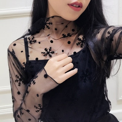 Fashion Black Mesh Long Sleeve blouse - Dark Grey / One Size