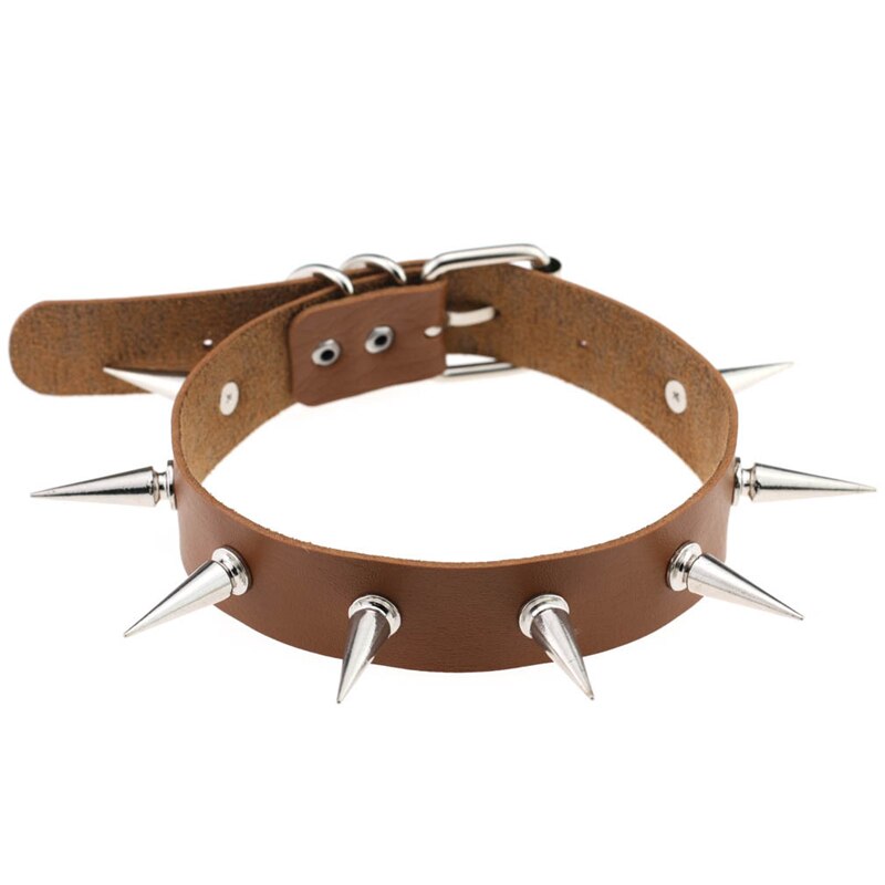 Punk Gothic Leather Spike Collar - Light brown / One Size