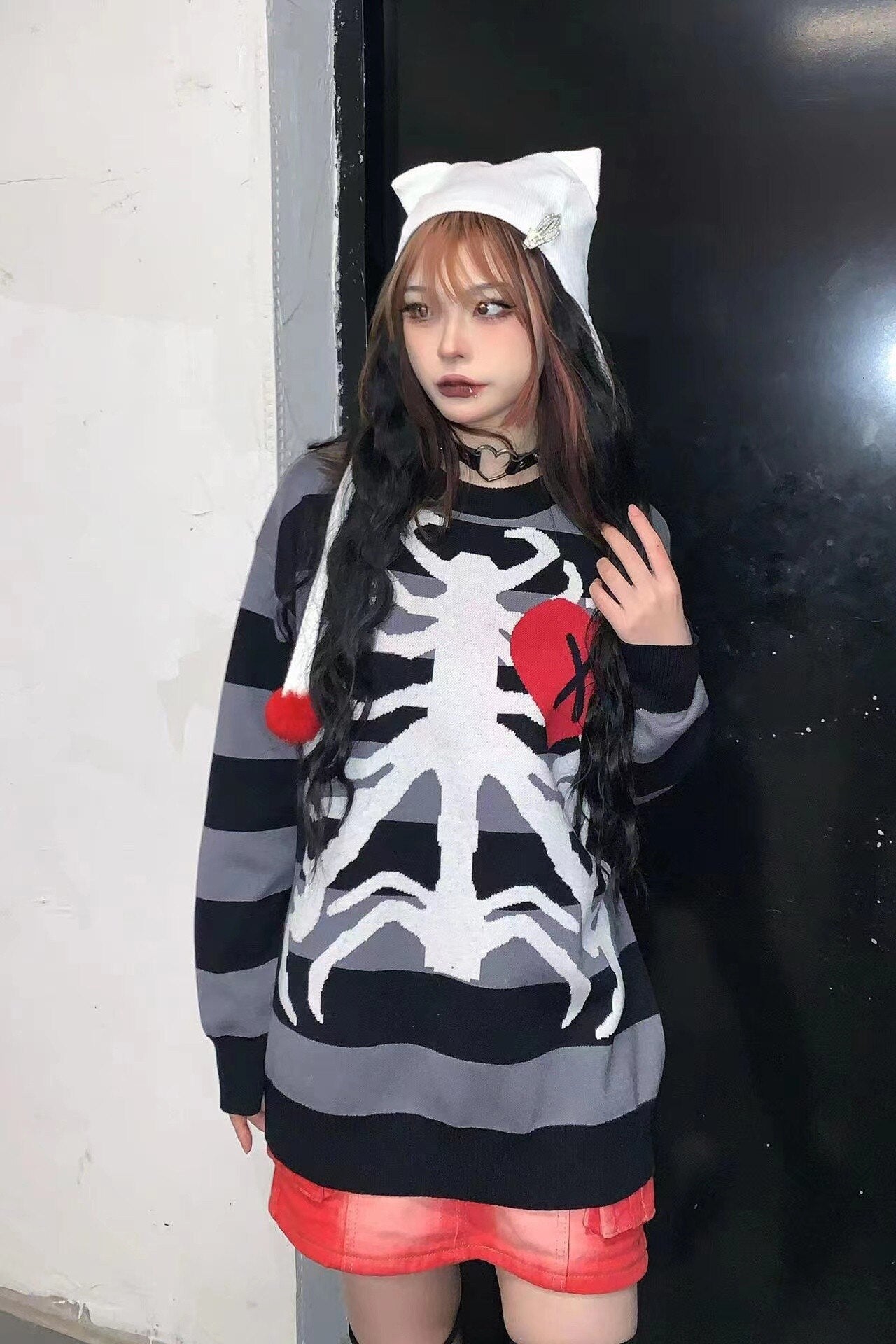 Gothic Skeleton Striped Knitted Sweater