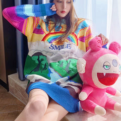 Smile Rainbow Striped Embroidered Knitted Oversize Sweater