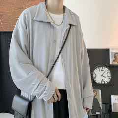 Korean Loose Long Sleeve Pleated Shirts - Light grey / M