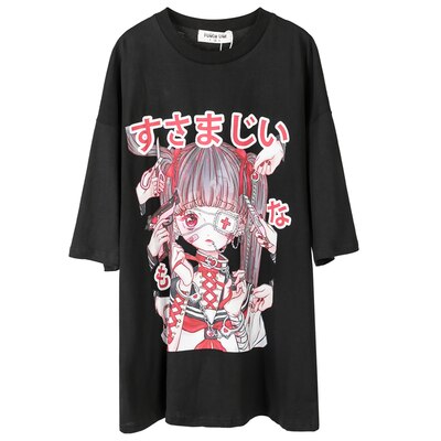 Kawaii Girl Print Oversize Japanese Tshirt - Black / M -