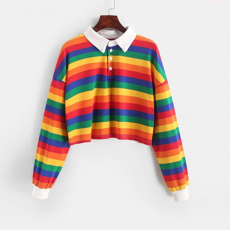 Rainbow Color With Button Striped Sweatshirt - S -