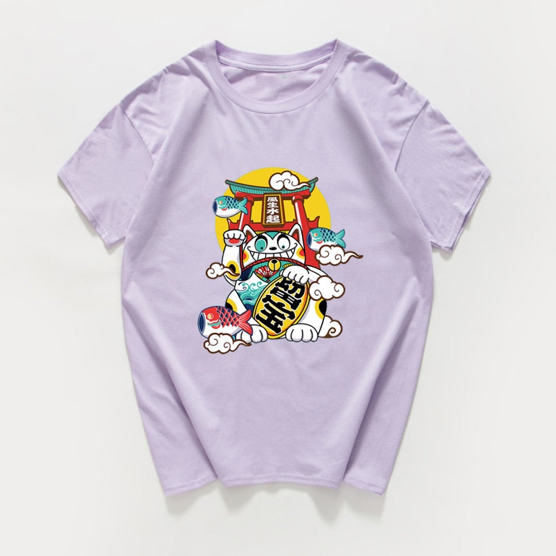 Japanese Harajuku Lucky Cat T-Shirt - Violet / S