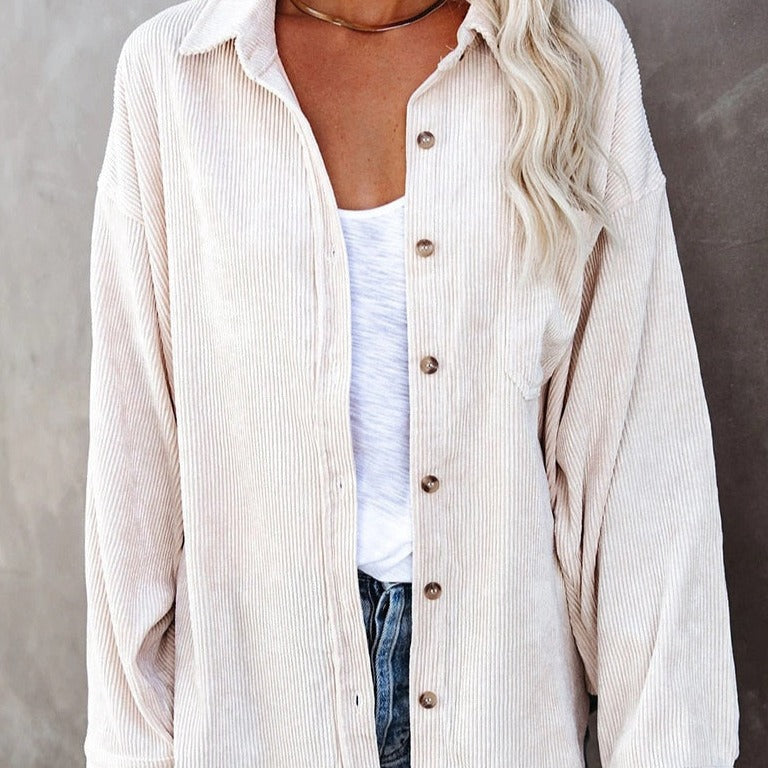 Corduroy Baggy Buttoned Long Sleeve Shirts - White / S -