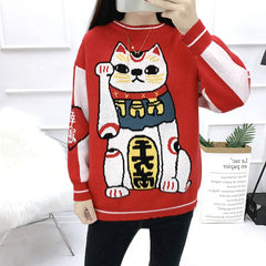 Good Lucky Cat Loose Knitted Sweater - One Size / Red