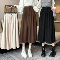 Thumbnail for Solid Color Corduroy Vintage Pleated Long Skirt