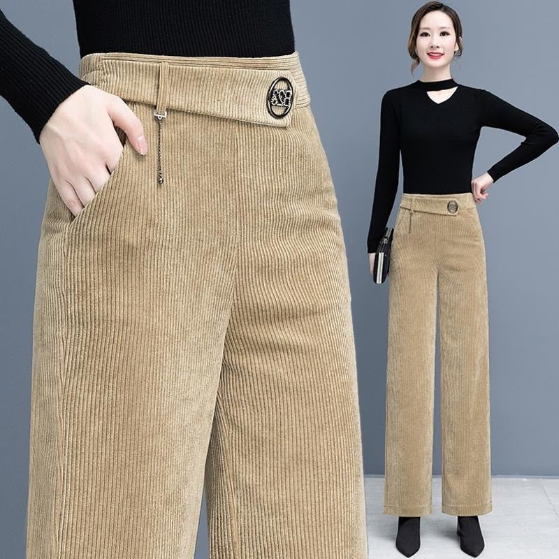 Oversized Corduroy Wide Leg High Waist Pants - Khaki / M