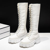 Thumbnail for Lace-Up Knee-High Boots - White / 5 - boots