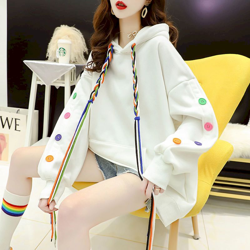 Oversized Embellished With Colorful Buttons Hoodies - White