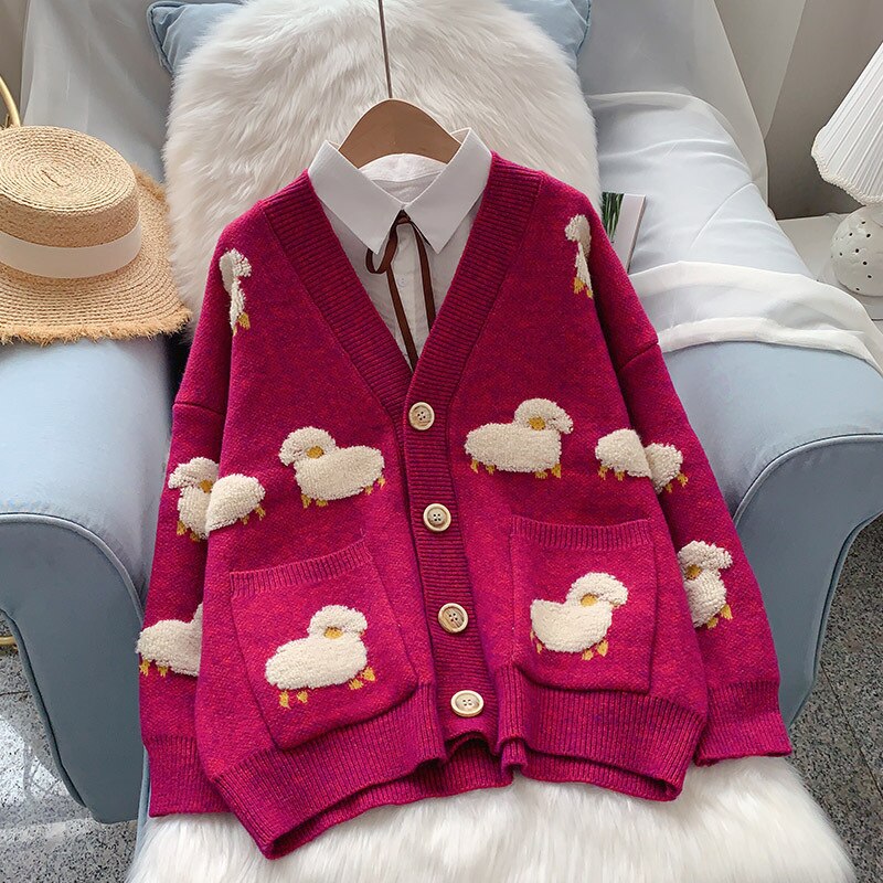 Sheeps Embossed Knitted Cardigan - Red / One Size - cardigan