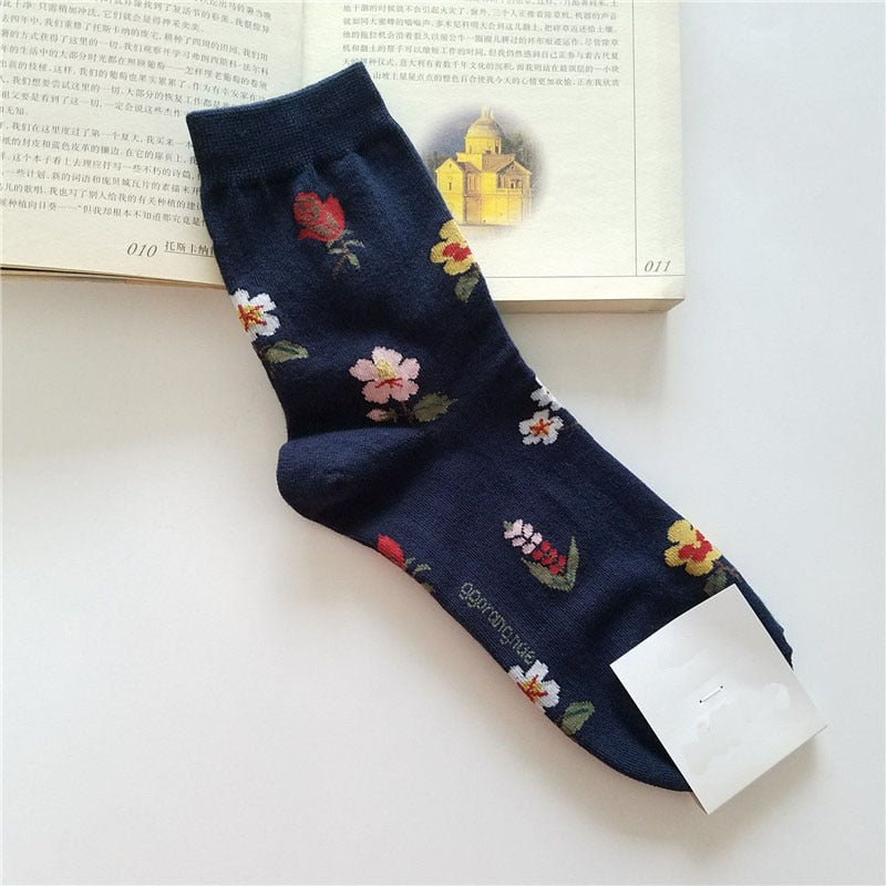Animal Cartoon Middle Tube Socks - Dark Blue Flowers / One