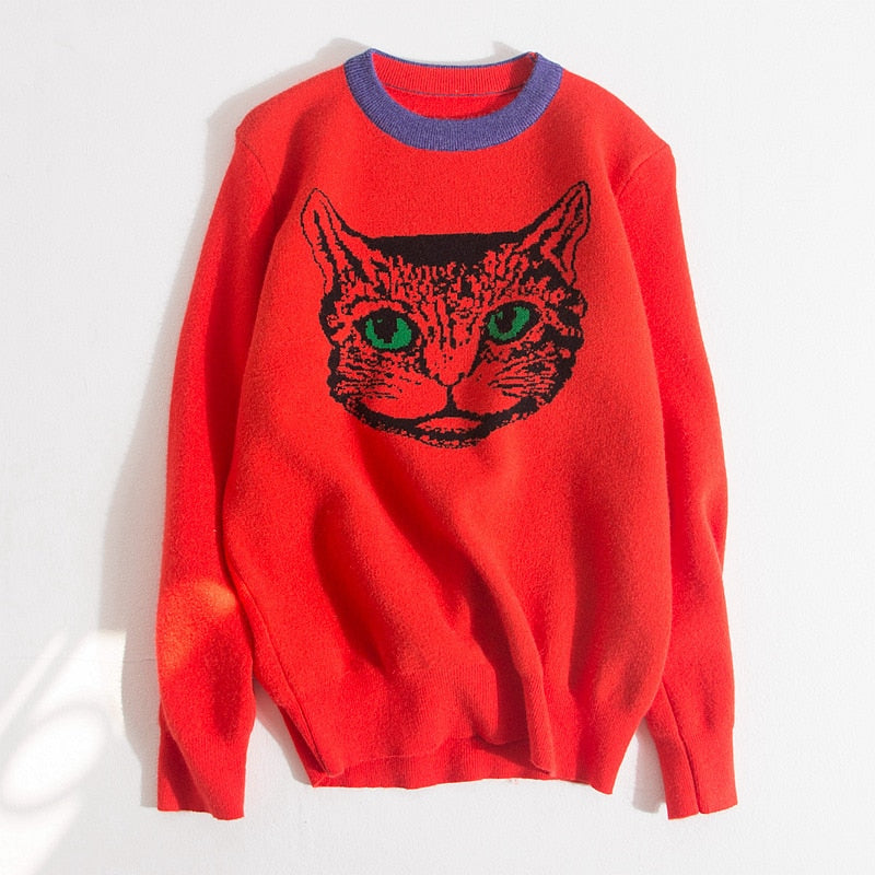 Psychedelic Cat Print Knitted Sweaters - Orange / S -