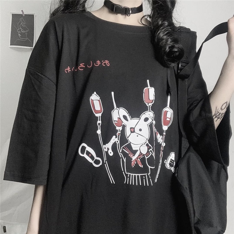 Harajuku Gothic Grunge Bunny T-Shirt - Black / M