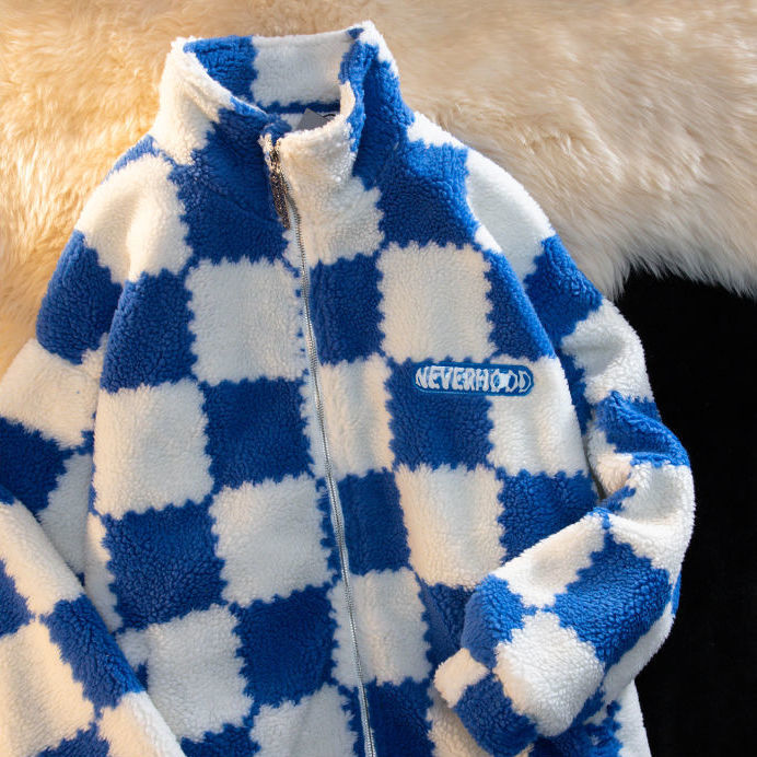Velvet Checkerboard Stitching Zipper Jacket - Blue / M