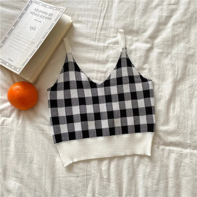 Vintage Plaid Pattern Knitted Tank Top