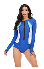 Solid Color One-piece Long-Sleeve Swimwear - Blue / S -