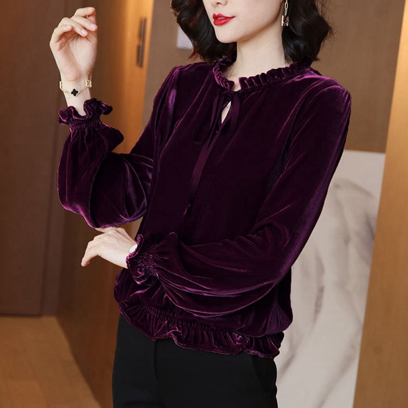 Vintage Long Sleeve Velvet Ruffled Shirt - purple / S -