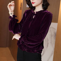 Thumbnail for Vintage Long Sleeve Velvet Ruffled Shirt - purple / S -