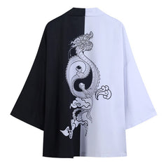 Dragon Yin & Yang 3/4 Sleeve Kimono - Black and White / M -