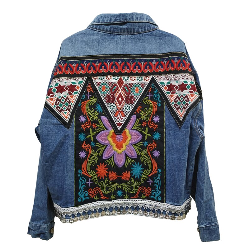 Flower Embroidery Denim Jacket - Blue / One Size - Jackets