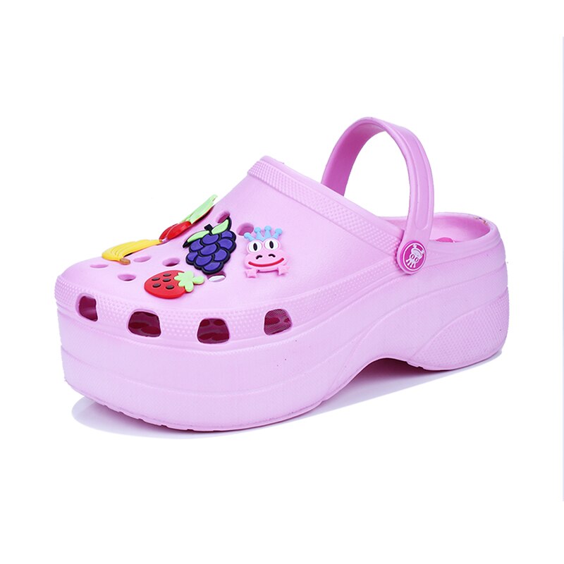 Platform Clogs Rainbow Print High Heel Sandals - Pink / 5